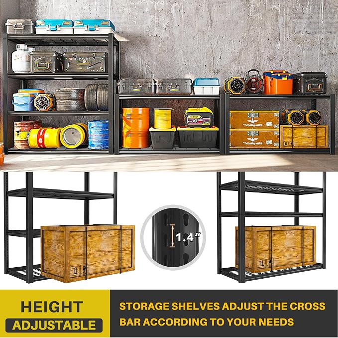 REIBII 40" W Storage Shelves with Wire Mesh Panels for Garage Organization | 560Lbs/tier, 40" W x 19.5" D x 59.5" H, Adjustable, 4-Tier, Double-Layer Frame, Rustproof Finish, for Basement Warehouse, 3Pc