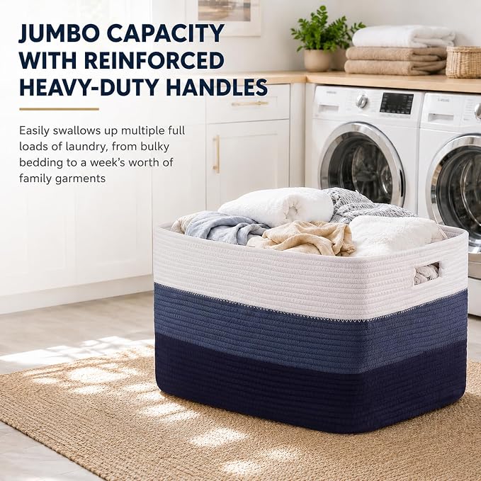OIAHOMY Large Blanket Basket, 22”x17”x12” Rectangle Woven Baskets, Nursery Blanket Storage Living Room, Toy Storage With Handle, Large Baskets for Organizing-Gradient Blue