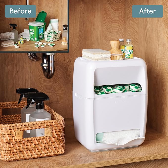 YouCopia SinkSuite Bag & Pod Dispenser, Standing Garbage Bag and Dishwasher Pod Organizer with Removable Lids for Storage, Speckled White