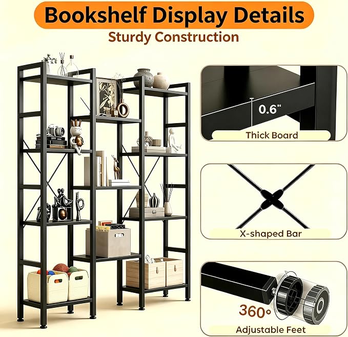 HealSmart Triple Column 4 Tier Bookshelf, Industrial Bookcase with 11 Open Display Adjustable Shelves, Wide Convertible Display Modern Bookshelf for Living Room & Home Office, Black