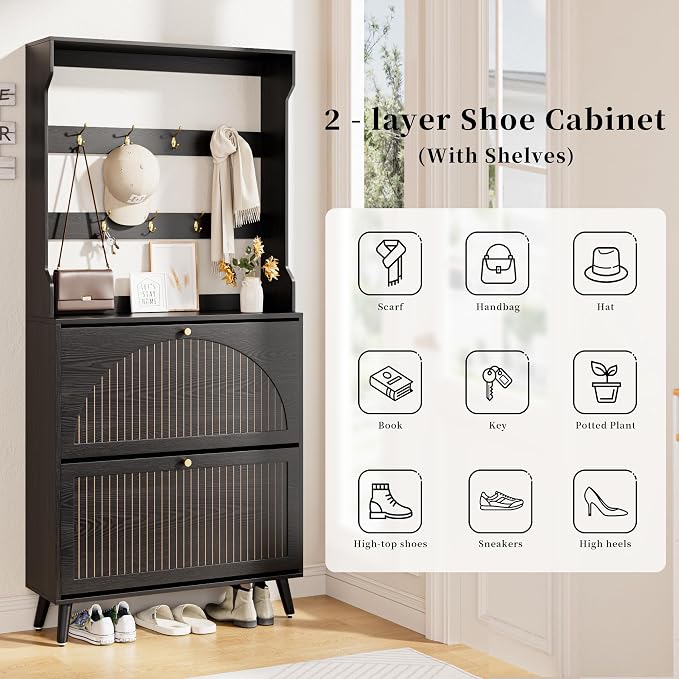 Fsbecl Shoe Cabinet for Entryway with 2 Flip Drawers & Coat Rack, Narrow Hidden Shoe Storage Cabinet with Fluted Panel, 2-in-1 Hall Tree Slim Freestanding Shoe Rack Organizer for Hallway