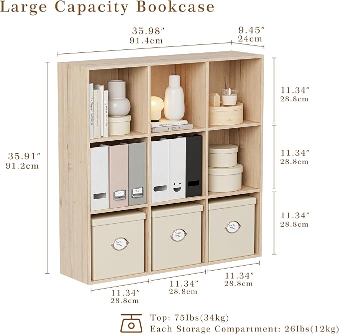 VDNEND Wooden Storage Organizer with Closed Back Panel, 11in Cube Shelf Opening, Bookshelf, Display Shelf,Closet Cabinet for Home and Office (White Oak, 9-Cube 35.98L*9.45W*35.91H)