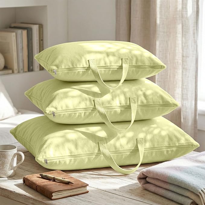 2 Pack Travel Pillow and Blanket Bags, 100% Cotton Canvas Pillow Storage Bag with Handles, Heavy Duty Breathable Organizer for Bedding Linens, Pillow Bag for Traveling(2,Olive Green,20"x26")