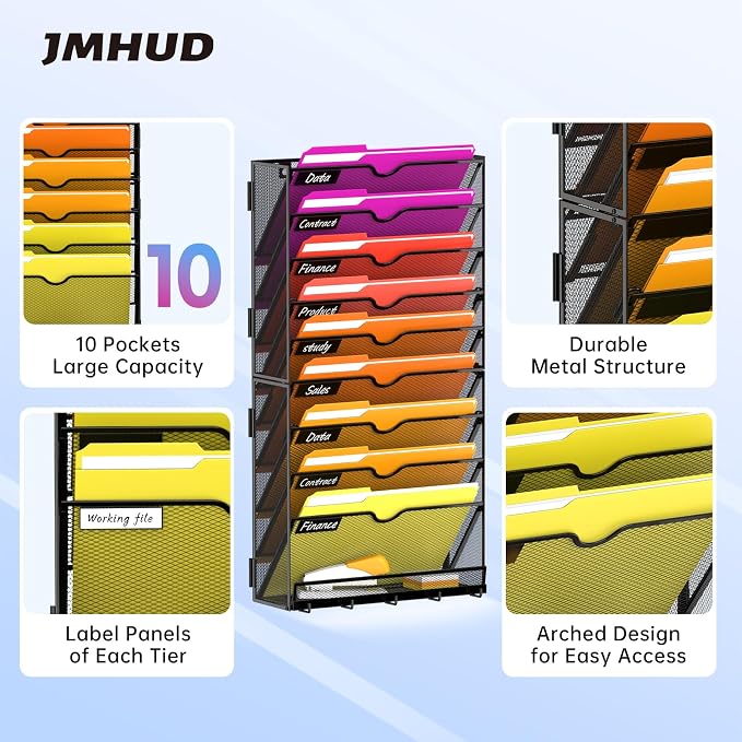 10-Tier Wall File Organizer with Base and Hooks, Hanging Organizer, Black | Wall Organizer and Wall File Holder with 10 Vertical Pockets and Bottom Tray for Files, Mail, Folders, Magazines and Paper