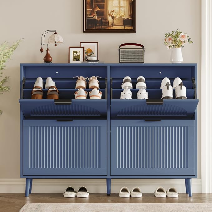 BORNOON Shoe Cabinet for Entryway with 4 Flip Drawers, Slim Wooden Shoe Storage Organizer with Modern Fluted Pannel，Freestanding Narrow Hidden Shoe Rack for Hallway, Foyer, Living Room