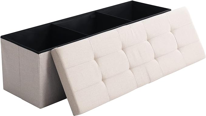 Shoe Storage Ottoman Foldable Seat Footrest Tufted Bench End of Bed Storage with Flipping Lid, 166L Storage Upholstered , Linen Fabric Beige, 45.3 Inches