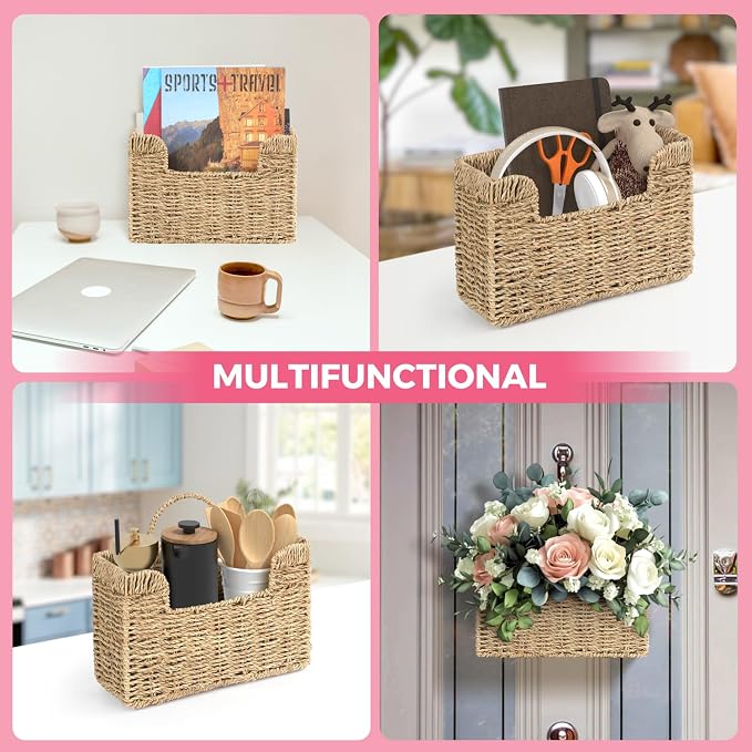 Handwoven Seagrass Wall Magazine Holder - Natural Hanging Organizer for Mail, Newspapers & Magazines, Books & Files - Decorative Boho Storage Basket for Entryway, Bathroom, Living Room, Office.