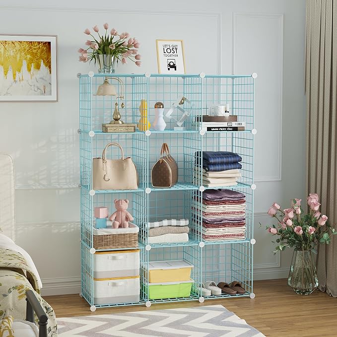 C&AHOME Wire Cube Storage, 12 - Cube Organizer Metal C Grids, Closet, Blue | Modular Shelves Units Storage Bins Shelving Bookshelf Shelf Cabinet