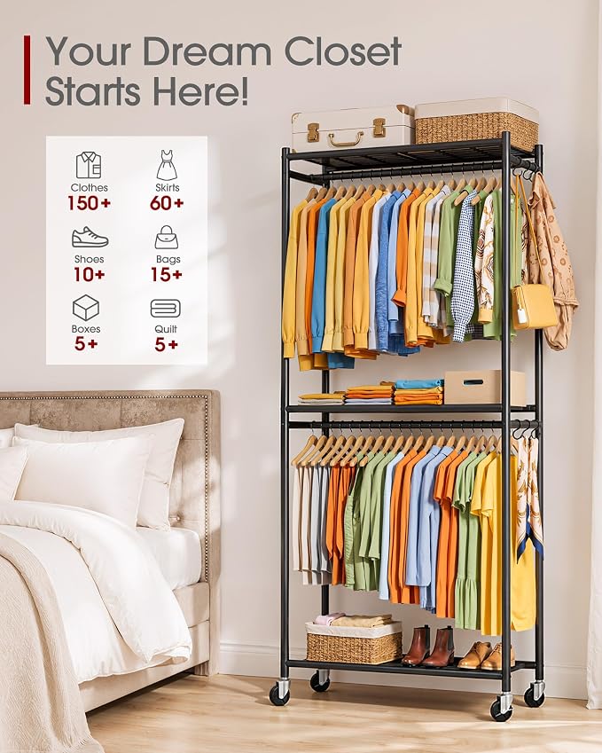 Sakugi Clothes Rack - 33.0" x 12.2" x 79.5" Clothing Rack with Shelves & Wheels, Multi-Functional Wardrobe Closet with Hooks, Sturdy Metal Garment Rack for Bedroom, Laundry, Balcony (Black)