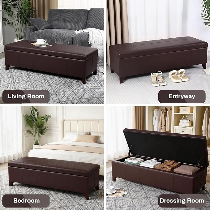 51" Coffee Brown Faux Leather Storage Ottoman | Foot Rest with Hinged Lid, Long Rectangle Bed Bench for Living Room, Bedroom, Entryway