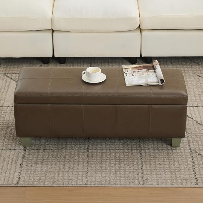 WUTUTUEE 41" Faux Leather Storage Ottoman, Stitch Tufted Rectangle Upholstered End of Bed Storage Bench, Entryway Large Couch Ottoman with Wooden Legs, Coffee