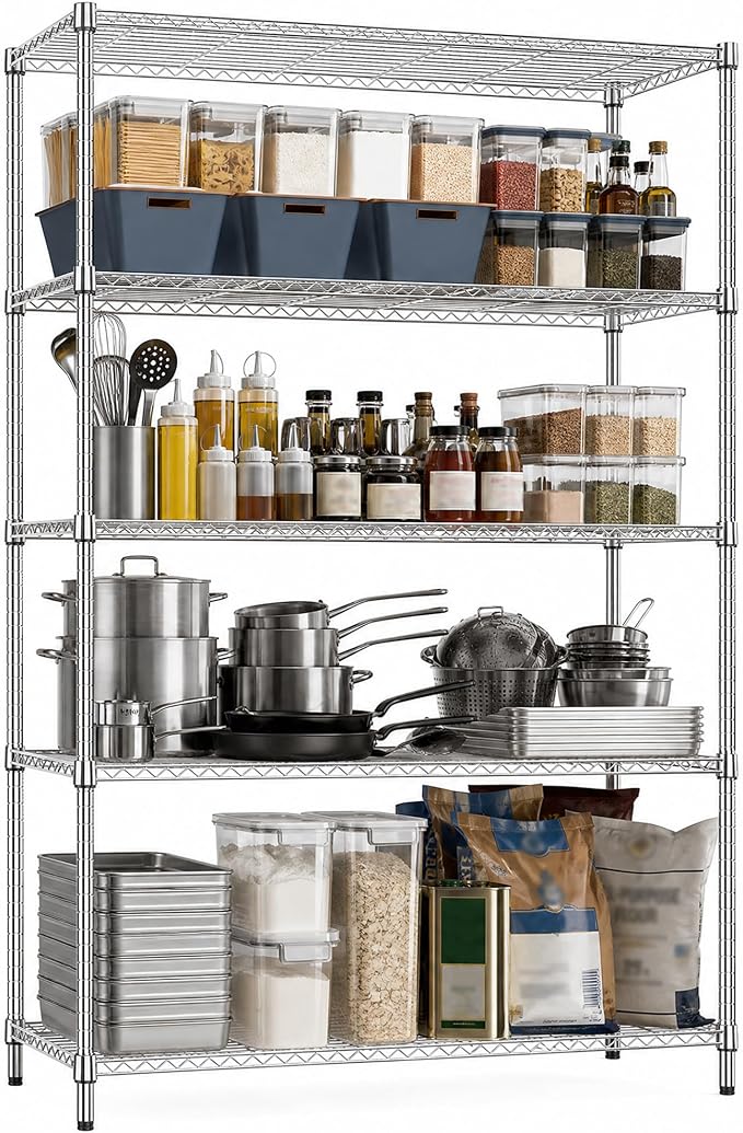 M MZG 5-Shelf Heavy Duty Garage Shelving Wire Adjustable Storage Rack for Kitchen Laundry Bathroom Pantry 1750 lbs Capacity Silver 15.8 x 45.3 x 70.4 Inch