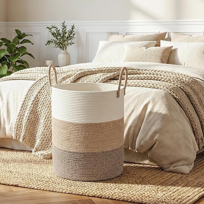 OIAHOMY Large Laundry Basket Hamper - 60L Cotton Rope Woven Basket for Blankets, Toys, Clothes - Tall Decorative Nursery Hamper with Long Handles, Gradient Brown