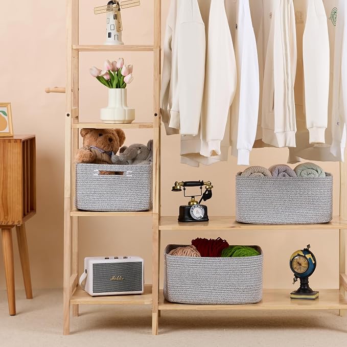 MiniArk Large Storage Baskets for Organizing, 17 x 13 x 7.5” Closet Shelf Baskets for Clothes Blanket Towels, Baby Nursery, Toy Bins Box, Woven Rope Baskets, 4 Packs Mixed Grey