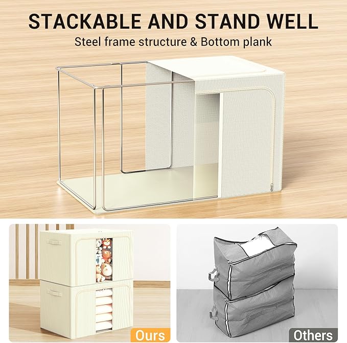 Clothes Storage Bins with Metal Frame, Foldable Clothes Organizers Storage Containers for Clothes, Sheets, Blankets, Pillows and Towels (24L, 3 Pack) Beige