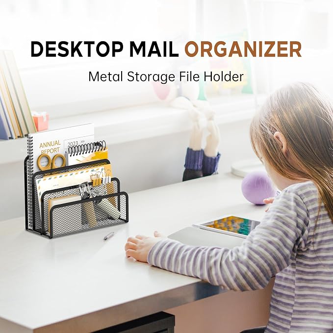 Mail Organizer Countertop for Desk, Mail File Holder with 3-Slot, Black | Metal Mesh Mail Sorter for Letters, Envelopes, Bills, and Files for Home Offices, Classroom Organization