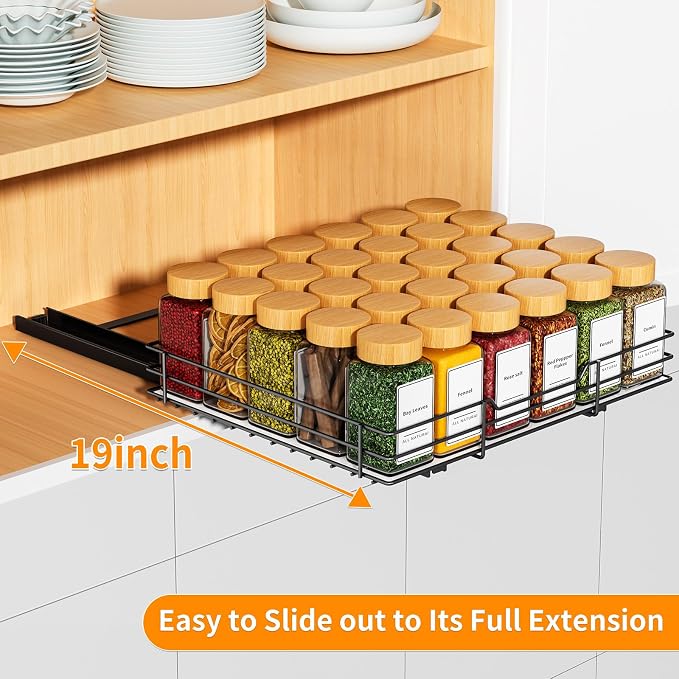RCHYFEED Pull Out Spice Rack Organizer, 12.5" Wx10.5 Dx2.5 H | Slide Out Spice Rack for Inside Cabinets, Heavy Duty, Fits Kitchen and Pantry, For Seasoning, Sauces, Canned