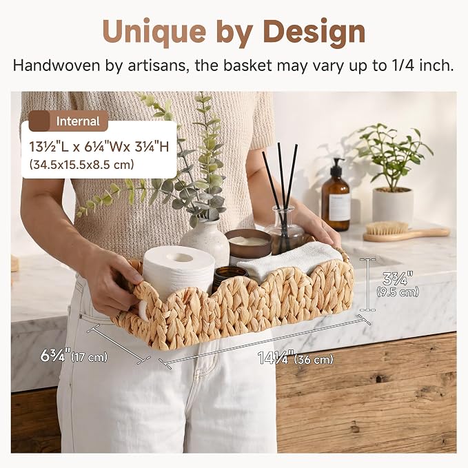 StorageWorks Wicker Scalloped Basket, Small Bathroom Baskets for Storage | Water Hyacinth Decorative Toilet Paper Basket with Handles , Back of Toilet Basket Tank Topper for Bathroom Decor