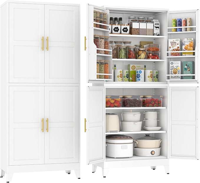 75" Tall Metal Kitchen Pantry Storage Cabinet, Freestanding Cupboard Storage Cabinet with 4 Doors and 4 Adjustable Shelves, Large Stand Up Food Cupboard for Dinning Room, Bathroom, White
