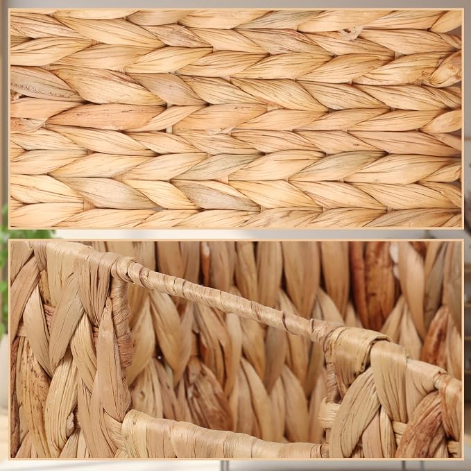 FEILANDUO Wicker Basket with Handles, Handwoven Storage Basket for Pantry, Trapezoid Decorative Baskets for Shelves Home Organizer (Natural(Water Hyacinth), 7.48"L x 9.44"W x 6.49"H)