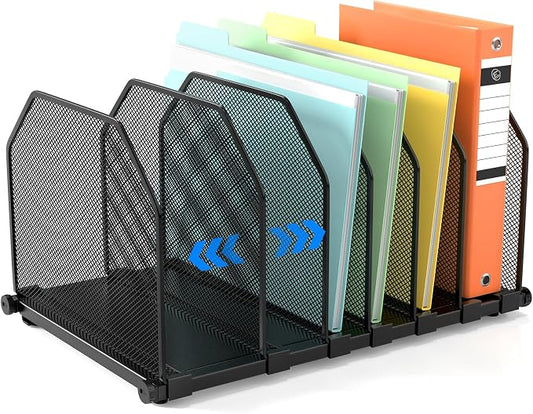Adjustable File Organizer for Desk, 6 Sections Vertical File Folder Holders | Desktop Binder Organizer, Mesh Desk Organizer Upright File Sorter, Metal File Rack for Home Office Classroom School