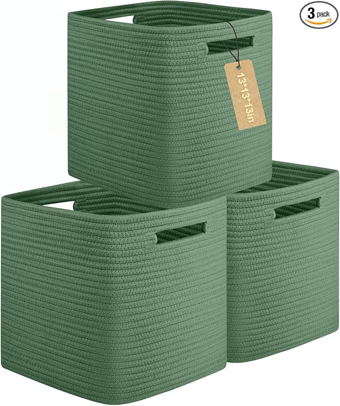 OIAHOMY Storage Cubes, 13 Inch Cube Storage Organizer, Collapsible Storage Bins, Baskets for Organizing, Storage Bins for Shelves-Green, 3-PACK