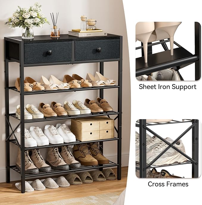 5 Tier Shoe Rack with 2 Drawers, 16-20 Pairs Black Grey | Holds 16-20 pairs. 2 drawers for socks/keys. Removable layer for boots. Anti-tip kit included. Quick assembly.