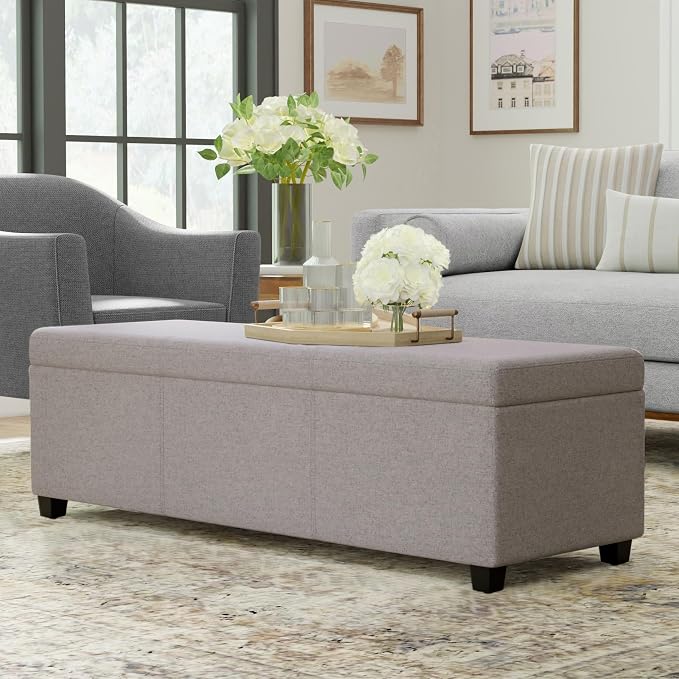 SIMPLIHOME Avalon 54" Wide Vegan Leather Storage Ottoman in Midnight Black | Contemporary lift-top ottoman with high-density foam; rectangle storage bench or coffee table for living room or entryway.