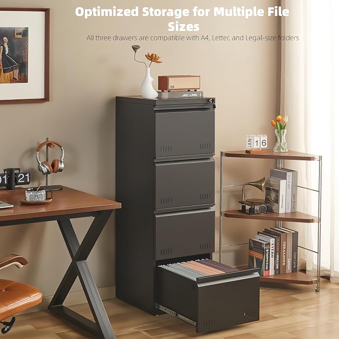Guizeeopo Metal File Cabinet with Lock, Vertical 4 Drawer File Cabinets for Home Office, Heavy Duty Office Storage Cabinet for A4/Letter/Legal Size, Assembly Required(Black)