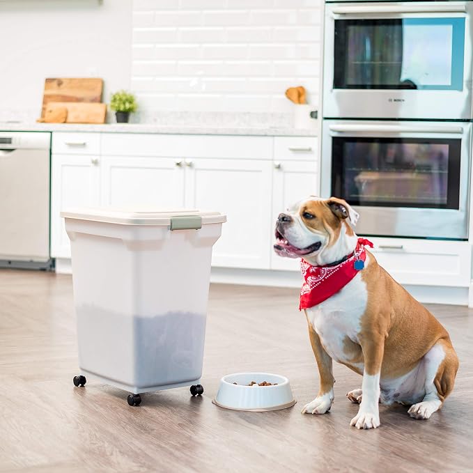 IRIS USA Dog Food Storage Container, Up to 58lbs, Almond/Pearl, Made in USA | Wheels for Mobility, Airtight Seal, BPA-Free, Best for Bird Seed, Cat food, Cat Litter, Chicken Feed, Pellets