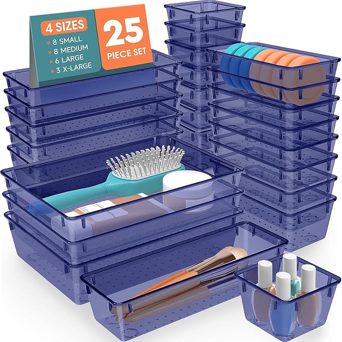 SpaceHacks 25 PCS Plastic Drawer Organizer Set, 4-Size Versatile Organizer Trays & storage Bins for Makeup, Jewelry, and Gadgets in Bathroom, Bedroom and Office,Dark Blue