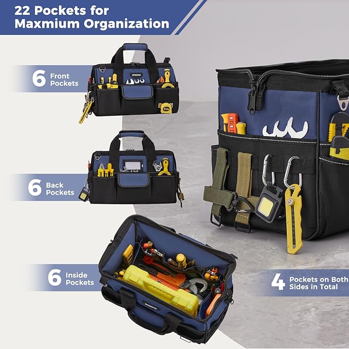 18-Inch Heavy Duty Tool Bag, 22 Pockets Empty Tool Box Organizer Storage, Soft Tote Toolbox Organization Portable Handle Carrying Work Toolbag for Electrician Mechanic, Dad Men Gifts, Blue