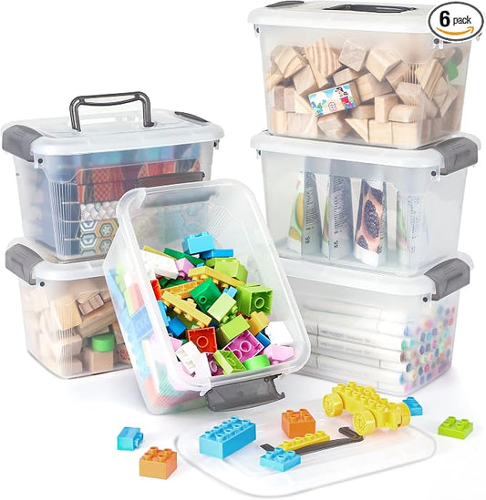 Citylife 6 Packs 6 QT Storage Bins with Lids Clear Plastic Bins with Grey Handle Stackable Storage Containers for Organizing