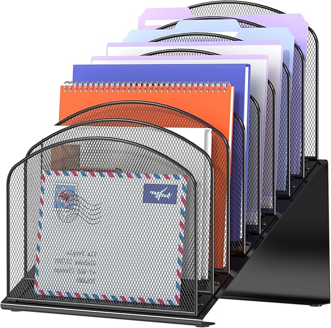 Delifox Inclined Desk File Organizer, 8-Section, Black | Upright Desk File Holder, Standing File Sorter, For Office School Classroom Desktop Organization