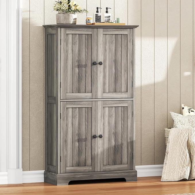 ChooChoo Bathroom Floor Cabinet with Adjustable Shelves | Bathroom Storage Cabinet, 4 Doors, Freestanding Cupboard for Living Room, Kitchen Pantry, Retro Grey