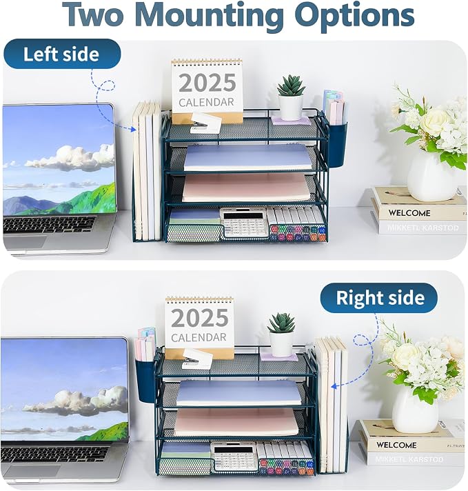OPNICE Desk Organizer, 4-Tier Desktop File Organizer with Drawer and Pen Holders, Office Desk Accessories, File Sorters, Workspace Organizers for Office Supplies(Dark Blue)