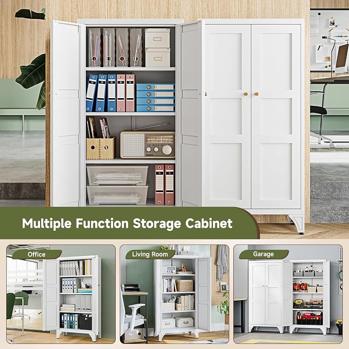 Letaya Metal Storage Cabinet with Doors and Shelves,47.3" H Bathroom Floor Kitchen Pantry Utility Cupboard Dining Home Office/Garage Organizers,White