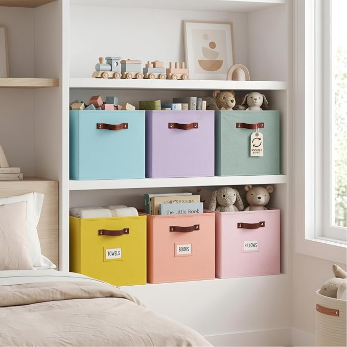 DECOMOMO Storage Bins, Cube Storage Bin with Labels | 10.5" x 11" Fabric Storage Cubes for Shelves (6pcs, Rainbow)