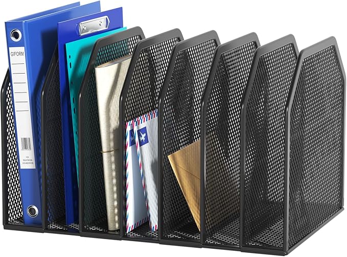 FANXIYQ Black 7-Section File Folder Organizer for Desk, Metal Vertical File Holder Stand, Desktop File Organizer Rack for Letter/A4 Folders, Papers, Books, Office Classroom Home