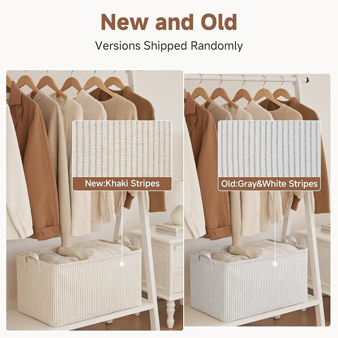 StorageWorks Storage Bins, Fabric Storage Bins for Shelves, Large Storage Baskets with Metal Frame, Closet Baskets and Bins with Handles, Khaki and Beige Stripes, 2-Pack