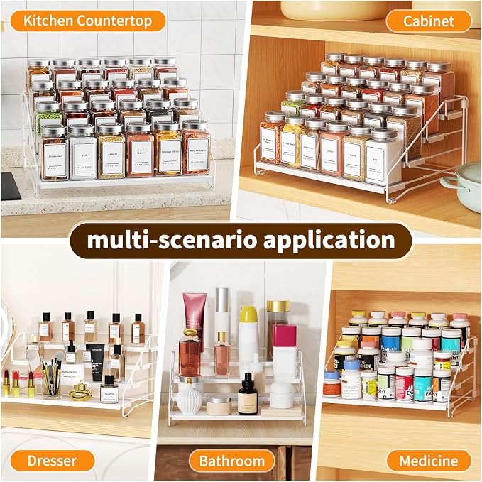 BOIVSHI Tiered Spice Rack, 4 Tier Spice Shelf Organizer for Cabinet, Spice Rack Organizer, Depth Adjustable Seasoning Rack Organizer for Cabinet, Countertop, Pantry, Metal, White (1 Pack)