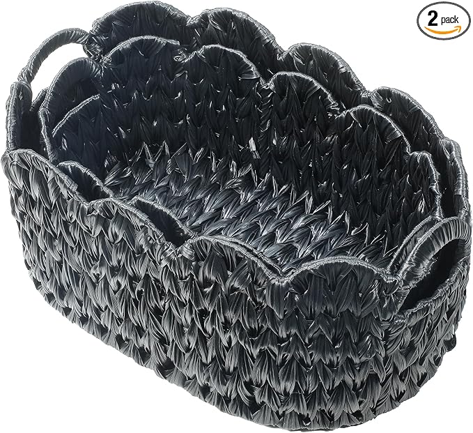 Coeusy Wicker Scalloped Basket Set of 2,Woven Storage Baskets for Shelves,Closet,Laundry,Gift,Towels,Books,Toys,Waterproof Decor Basket for Organizing,Black Oval
