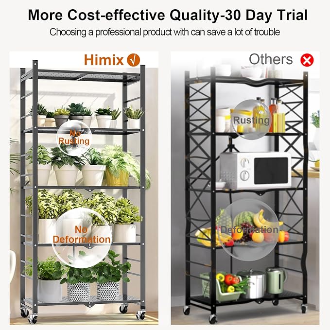 Himix 5-Tier Foldable Storage Shelves with 20 Hooks Wheels Grey Display | Folding shelving units, Metal collapsible organization, Wire shelf, No assembly, Bookshelf, Kitchen, Home rack, Holds 440 Ibs