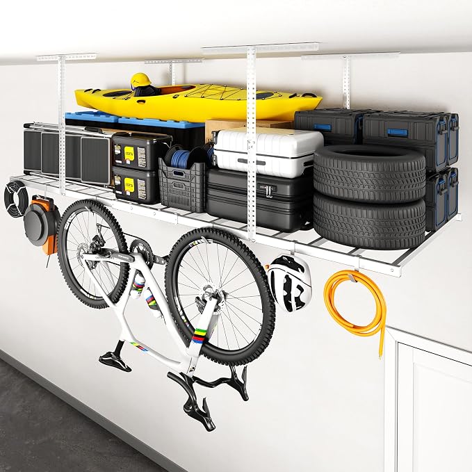 FLEXIMOUNTS 4x8 Overhead Garage Ceiling Storage Rack with 6 Hooks, White | 750lbs Capacity, 22.6"–39.4" Adjustable Dropdown, Heavy-Duty Metal Ceiling Racks, Storage Organization System, Lite Series