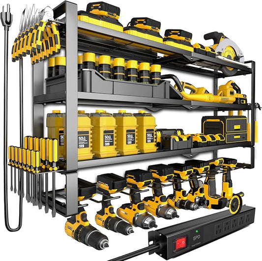 MOOMSINE Large Power Tool Organizer Wall Mount with Charging Station for Garage, 400lbs Metal Storage Rack with 8 Cordless Drill Holder, 4 Tier Heavy Duty Battery Tool Shelf with 5 Outlet Power Strip