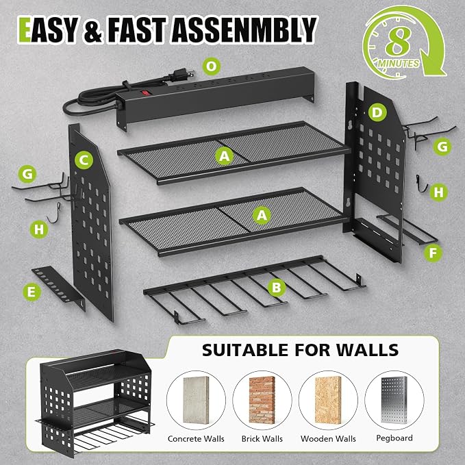 SUNALLY Power Tool Organizer Wall Mount with Charging Station,3 Layer,Black | Metal Tool Storage Rack with 4 Drill Holders, Heavy Duty Power Tool Shelf for Garage,Warehouse,Workshop, Gift for Men,Husband