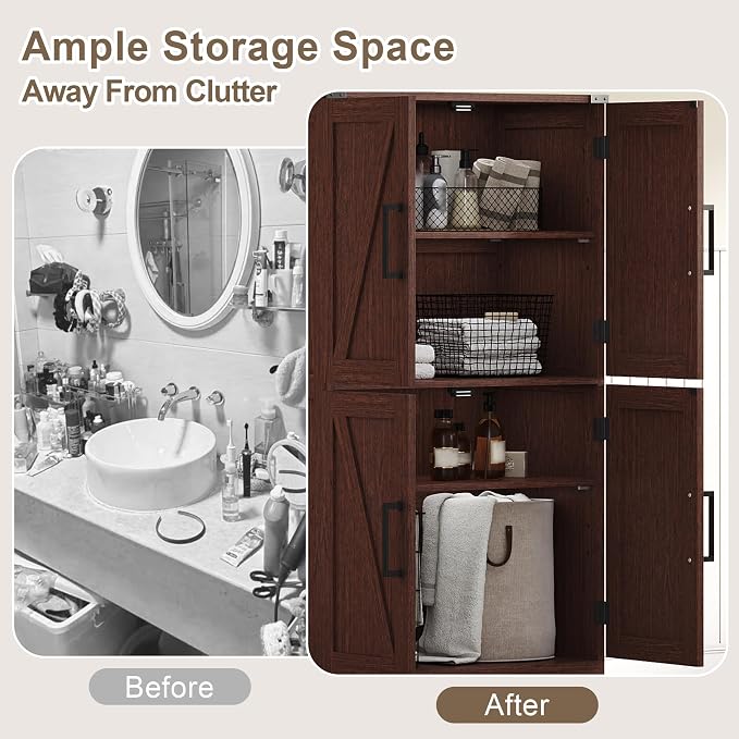 Treocho Farmhouse Bathroom Floor Cabinet with Adjustable Shelves | 13.78"D x 23.62"W x 43.46"H, Freestanding Kitchen Pantry Cabinet, Cupboard for Living Room, Dining Room, Walnut