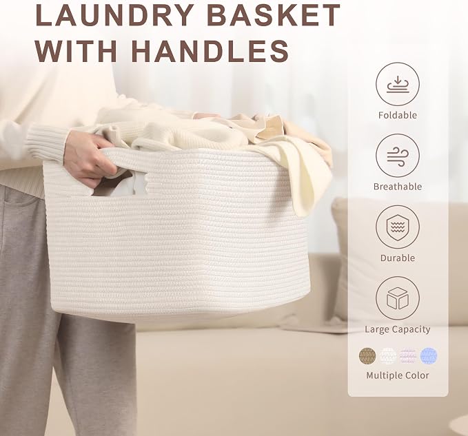 60L Woven Laundry Basket Hamper with Handles, White | collapsible wicker hamper, storage for dirty clothes, toys, blankets, gifts, living room, bedroom, bathroom, 21"x15"x11"