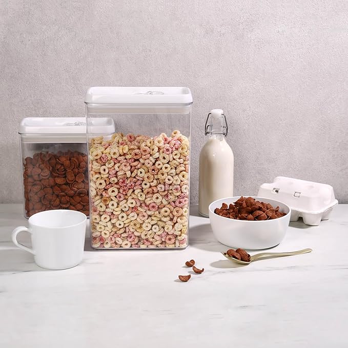 Felli Flip Tite Storage Container with Lid 4" RECTANGULAR Air Tight Ring Flip Top, Stackable Acrylic Canister for Kitchen Counter Pantry, Cereal Granola Pasta Spice, Christmas Gift (4pk, Variety)