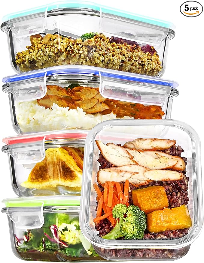 Vtopmart 5Pack 22oz Glass Storage Containers with Lids, Multicolour | Glass Meal Prep Food Container Sets, Snap Airtight Lid, For Microwave, Oven, Freezer and Dishwasher, BPA Free